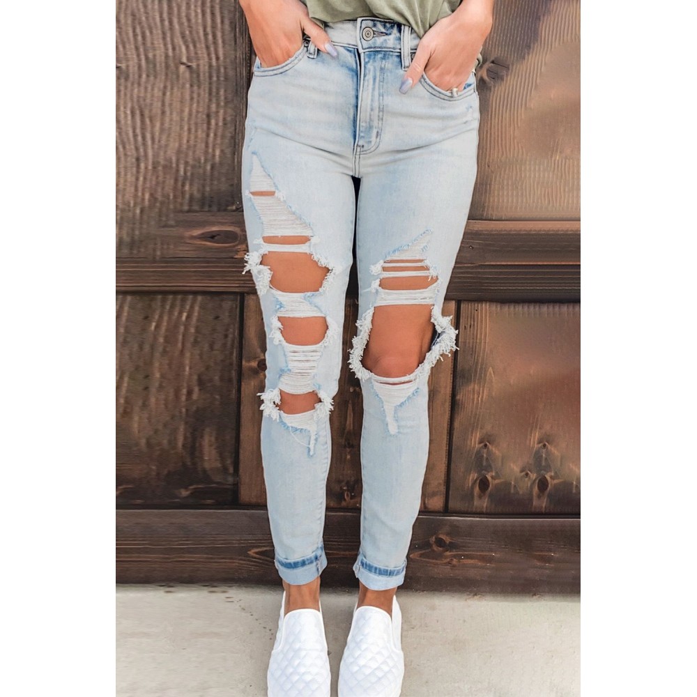 Vintage Washed Distressed Holes High Waist Jeans