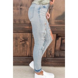 Vintage Washed Distressed Holes High Waist Jeans