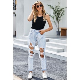 Vintage Washed Distressed Holes High Waist Jeans