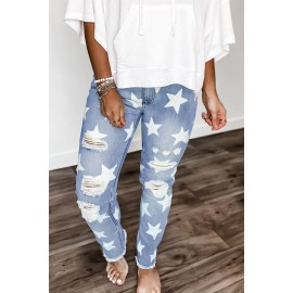 Ripped Star Print Mid Waist Jeans