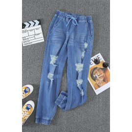 Sky Blue Pocketed Distressed Denim Joggers