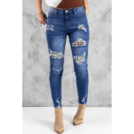 Dark Blue Washed Skinny Jeans with Distressed Leopard Print