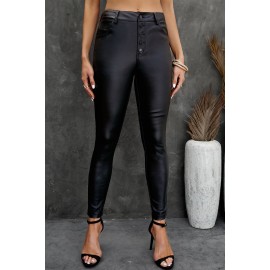 Faux Leather Button Fly High Waist Skinny Fit Pants