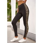 Black Leopard Splicing Mid Waist Stretchy Skinny Pants