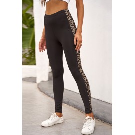 Black Leopard Splicing Mid Waist Stretchy Skinny Pants