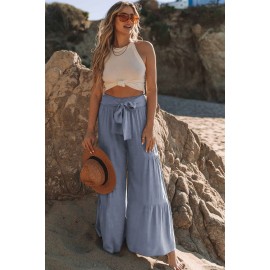 Blue Smocked Waist Palazzo Pants with Tie