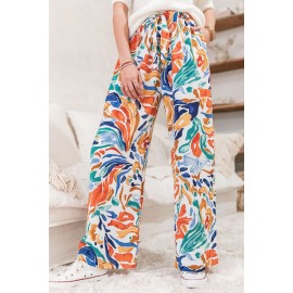 Multicolor Printed Belted High Waist Straight Leg Pants