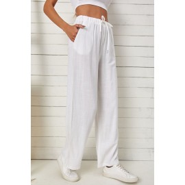 White High Waist Drawstring Wide Legs Casual Pants