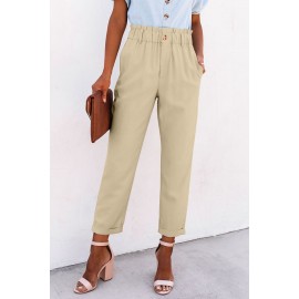 Beige High Rise Paper Bag Waist Pocketed Casual Pants