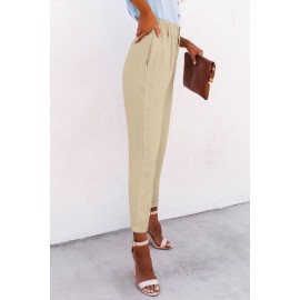 Beige High Rise Paper Bag Waist Pocketed Casual Pants