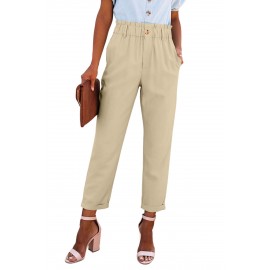 Beige High Rise Paper Bag Waist Pocketed Casual Pants
