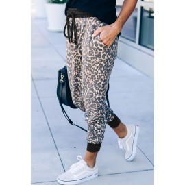 Leopard Print Drawstring Joggers with Side Pocket