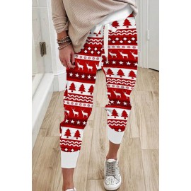 Christmas Pattern Print Elastic Waist Straight Leg Pants
