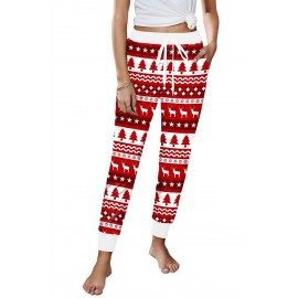 Christmas Pattern Print Elastic Waist Straight Leg Pants