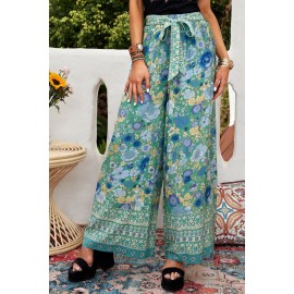 Green Floral Print Wide Leg Boho Pants