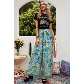 Green Floral Print Wide Leg Boho Pants