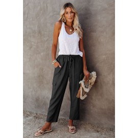 Black Driven Linen Blend Pocketed Cargo Pants