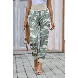 Light Green Camouflage Pocket Casual Pants With Slit