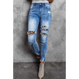 Leopard Patchwork Distressed Skinny Ankle High Waist Pants