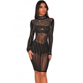 Black Iridescent Rhinestone Mock Neck Long Sleeves Dress