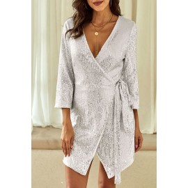 Silver Sequin Wrap Dress with Sash