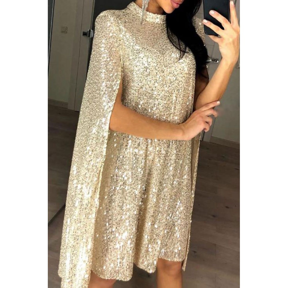 Apricot Glitter Mock Neck Cape Design Sequins Dress