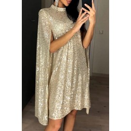 Apricot Glitter Mock Neck Cape Design Sequins Dress