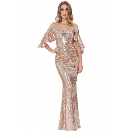 Apricot Off The Shoulder Sequined Maxi Dress