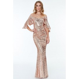 Apricot Off The Shoulder Sequined Maxi Dress