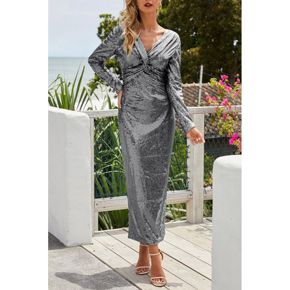 Silver Long Sleeve V Neck Twist Ruched Sequin Prom Maxi Dress