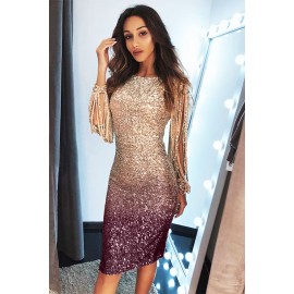 Apricot Ombre Sequin Tassel Sleeve Bodycon Prom Dress