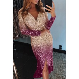 Apricot Ombre Sequin Wrapped Ruched Irregular Dress