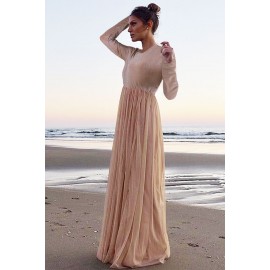 Long Sleeve Sequin Bodice Cocktail Maxi Dress