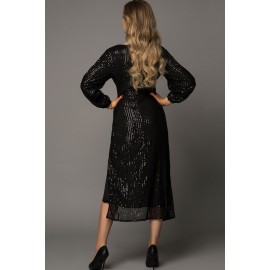 Black V Neck Split Sleeve Sequin Dress with Slit