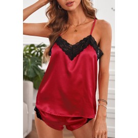 Red Lace V Neck Imitated Silk Pajamas Set