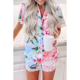 Multicolor Floral Print Lapel Button Shirt Shorts Pajamas Set