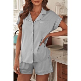 Gray Buttoned Short Sleeve Shirt and Shorts Pajamas Set