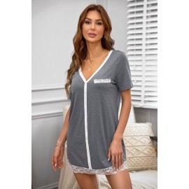 Gray Contrast V Neckline Lace Trim Sleep Dress