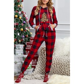 Christmas Plaid Leopard Print Pocket Hoodie and Slim-fit Pants Set