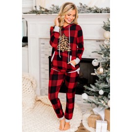 Christmas Plaid Leopard Print Pocket Hoodie and Slim-fit Pants Set