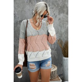 Pink Color Block Knitted Cut Out Pullover Sweater