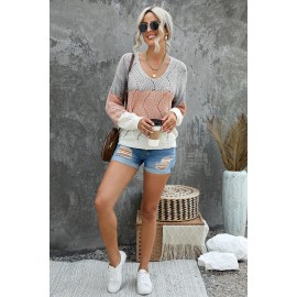 Pink Color Block Knitted Cut Out Pullover Sweater
