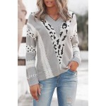 Gray Animal Print Accent V Neck Sweater