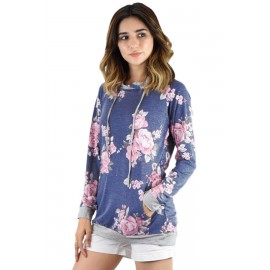 Navy Pink Floral Drawstring Hoodie