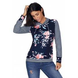 Dark Blue Pinstripe Accent Floral Print Drawstring Hoodie