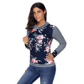 Dark Blue Pinstripe Accent Floral Print Drawstring Hoodie