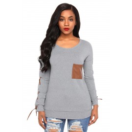 Gray Lace up Sleeve Front Pocket Womens Casual Sweatshirt