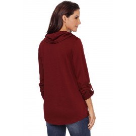 Burgundy Cowl Neck Kangaroo Pocket Pullover Top