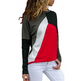 Red Color Block Round Collar Sweatshirt